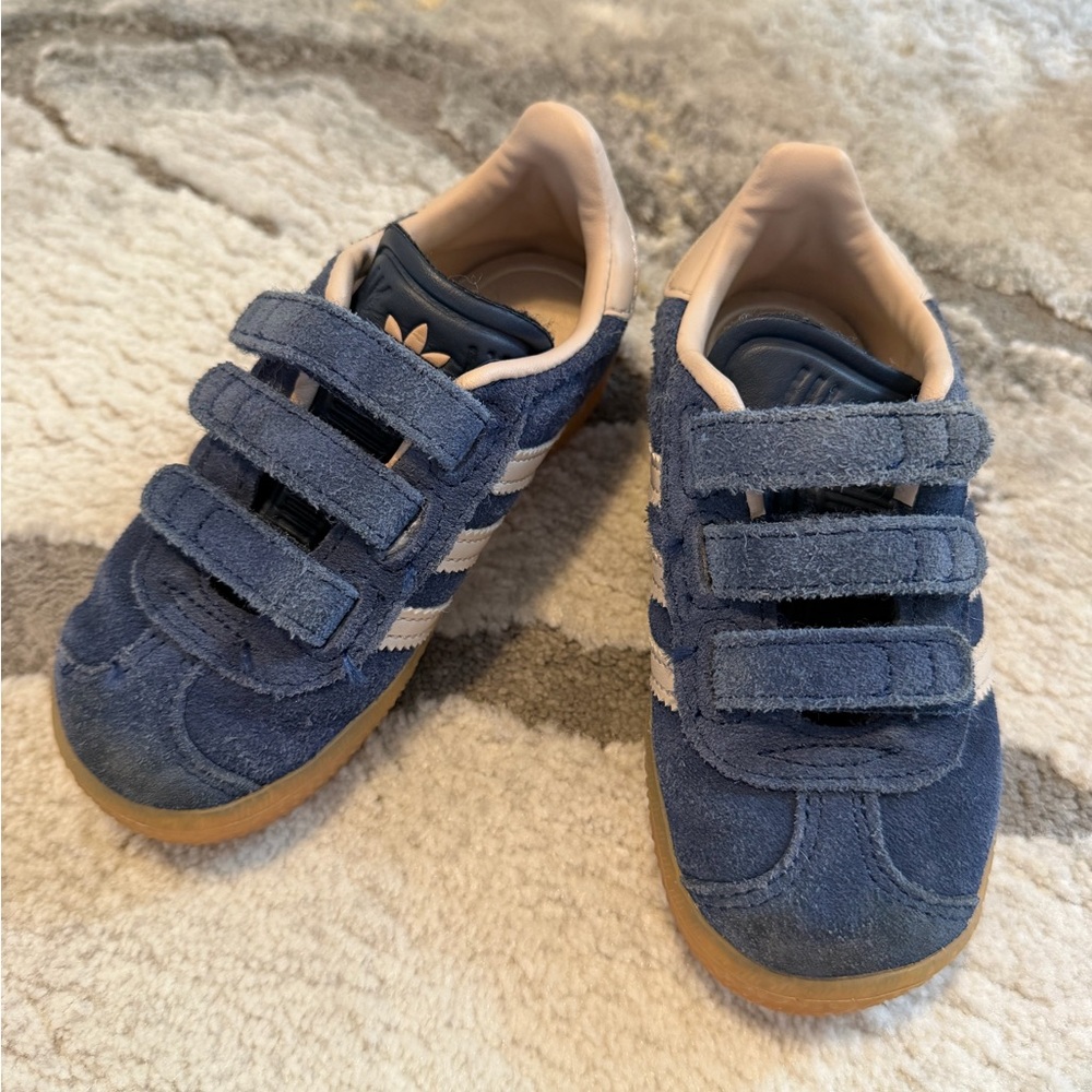 adidas Kids Navy Blue Suede Velcro Sneakers with White Stripes